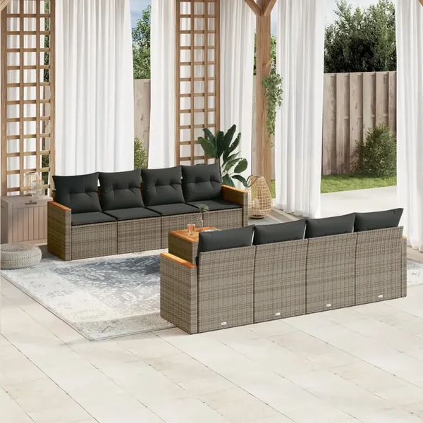 Salon de jardin 9 pcs avec coussins gris résine tressée