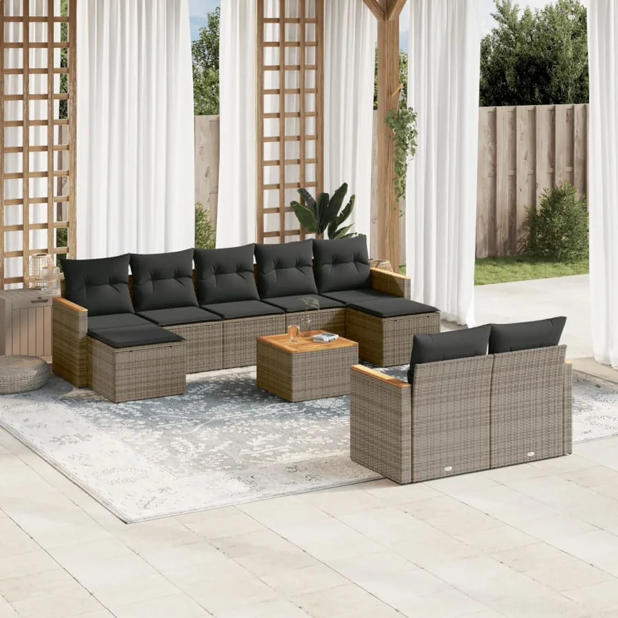 Salon de jardin avec coussins 10 pcs gris résine tressée