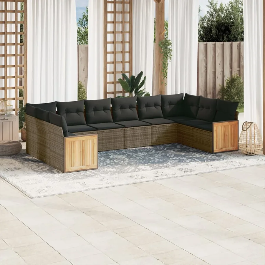 Salon de jardin avec coussins 10 pcs gris résine tressée