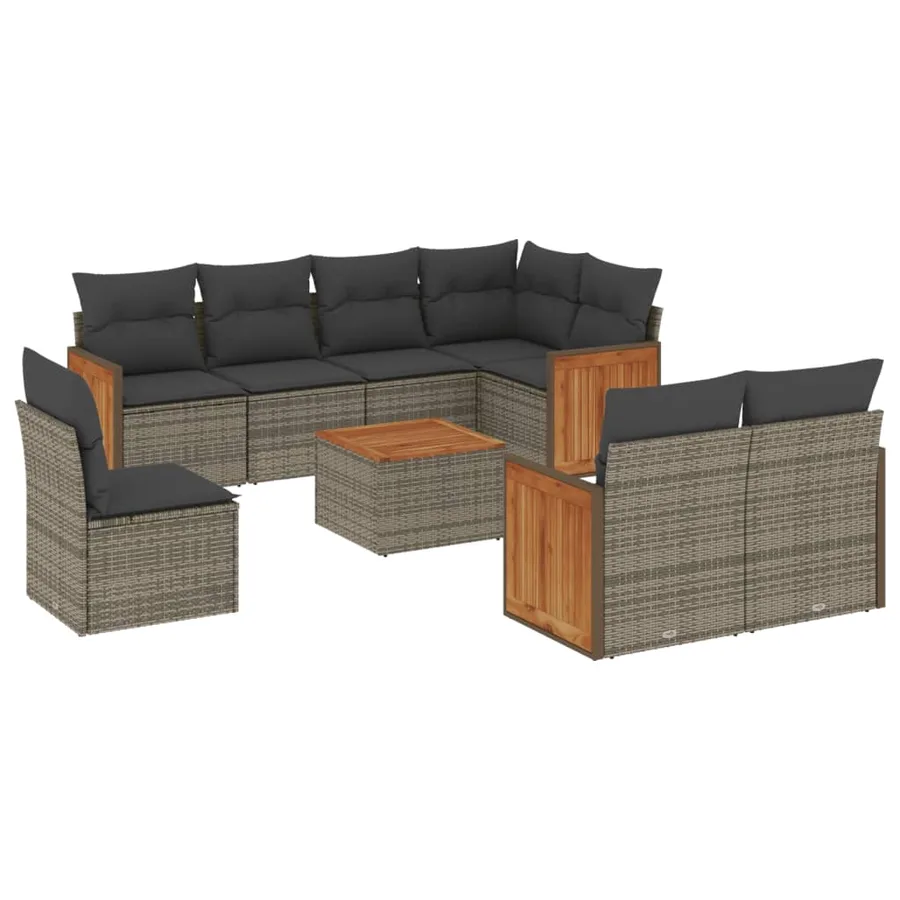 Salon de jardin 9 pcs avec coussins gris résine tressée - 2
