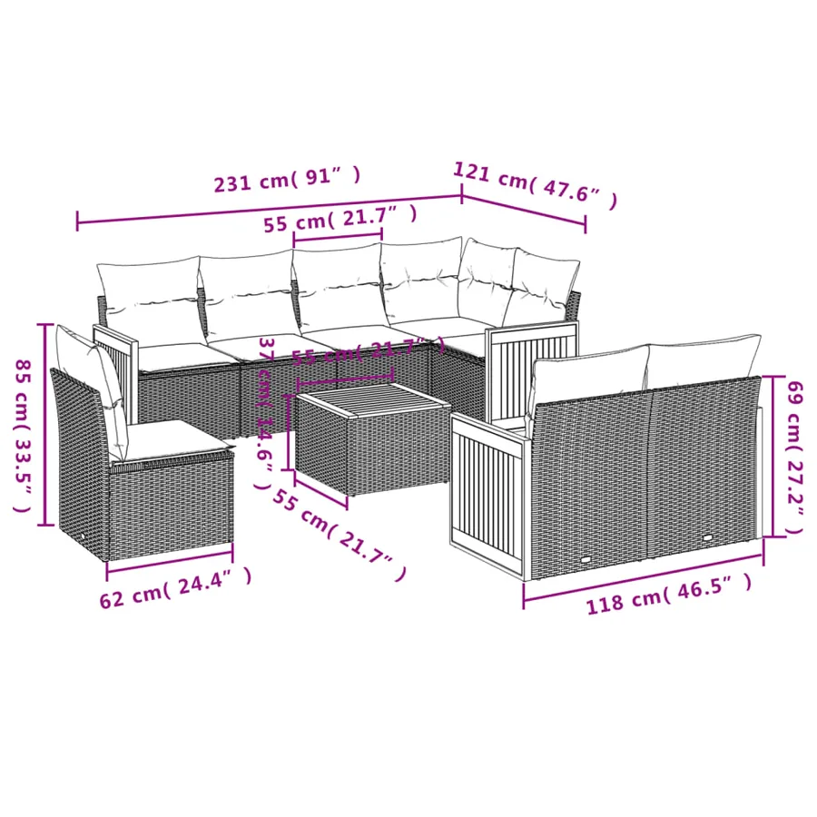 Salon de jardin 9 pcs avec coussins gris résine tressée - 3