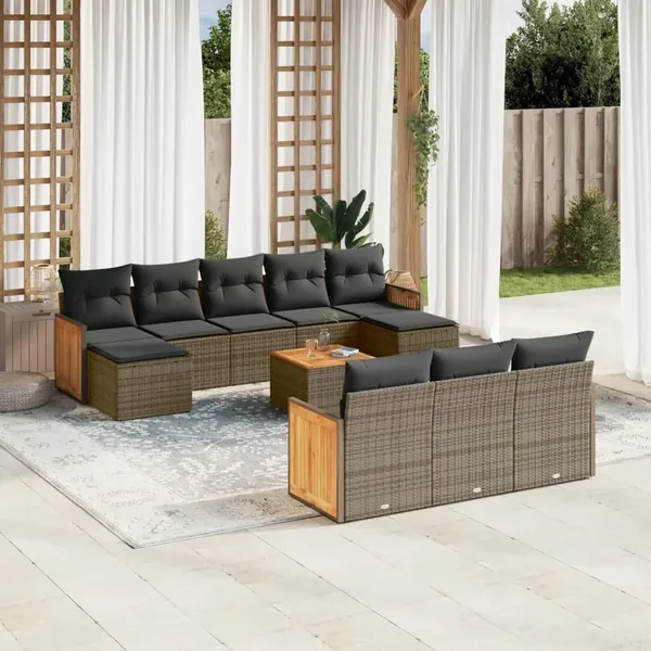 Salon de jardin 11 pcs avec coussins gris résine tressée