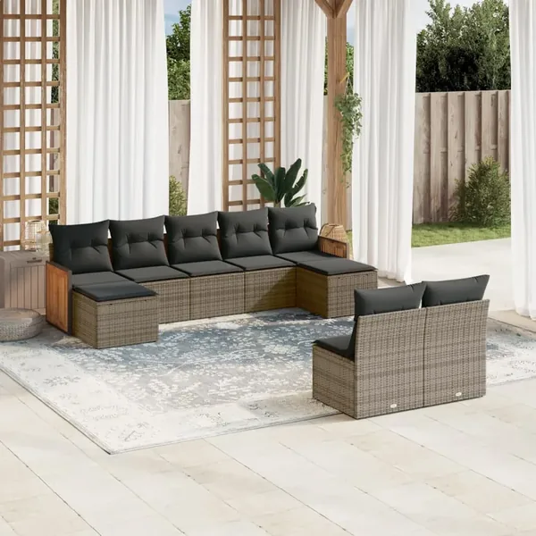 Salon de jardin 9 pcs avec coussins gris résine tressée