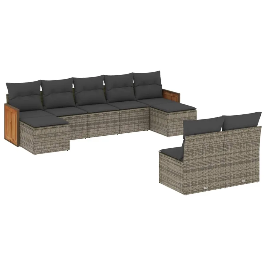 Salon de jardin 9 pcs avec coussins gris résine tressée - 2