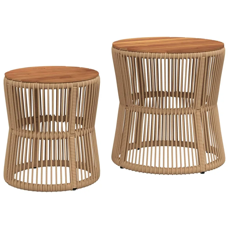 Tables d'appoint de jardin 2pcs dessus en bois beige poly rotin - 2