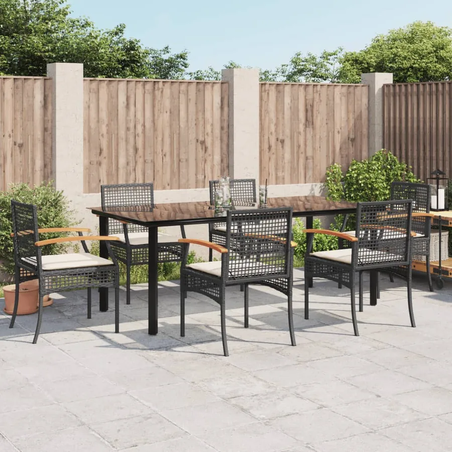 Ensemble à manger de jardin coussins 7pcs Noir Résine tressée