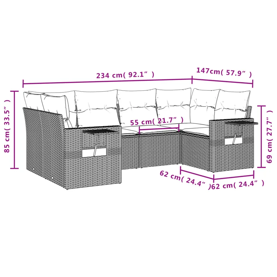 Salon de jardin 6 pcs avec coussins gris résine tressée - 3