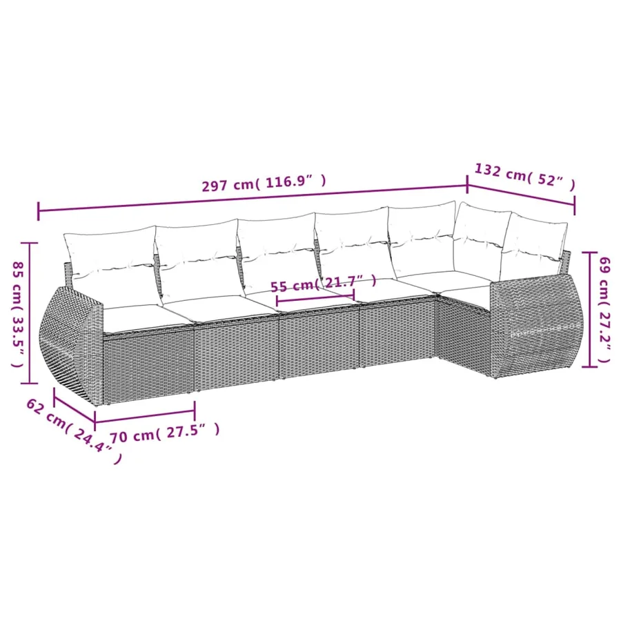 Salon de jardin 6 pcs avec coussins gris résine tressée - 3