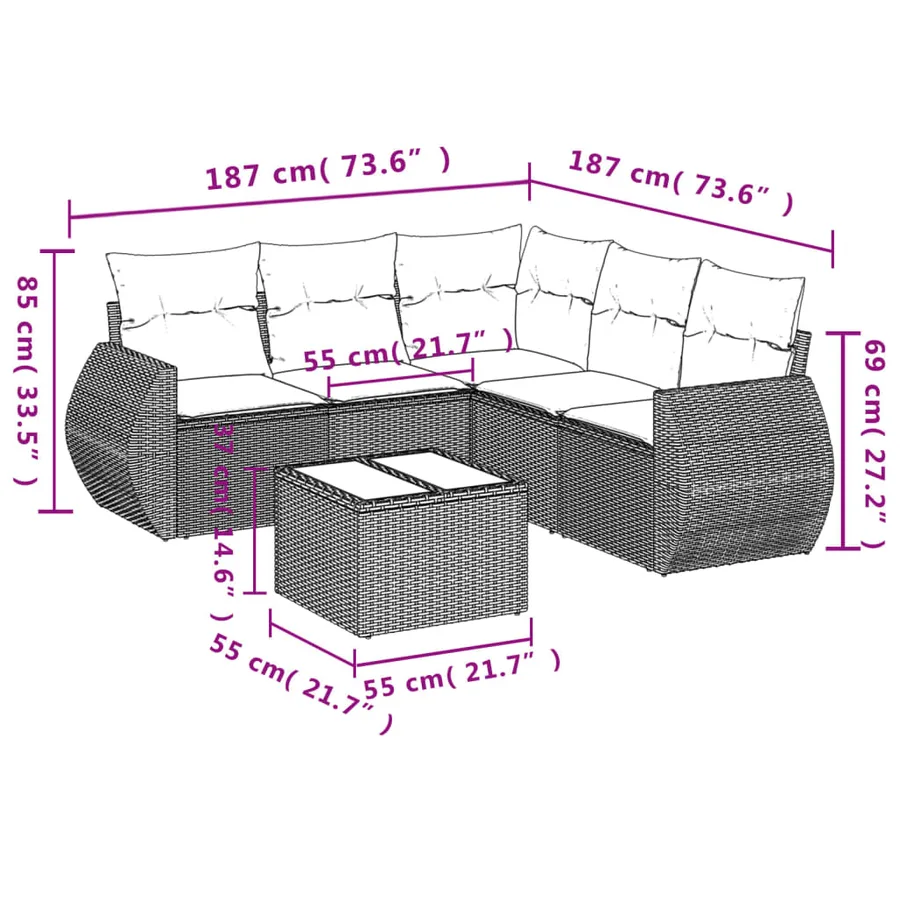 Salon de jardin 6 pcs avec coussins gris résine tressée - 3