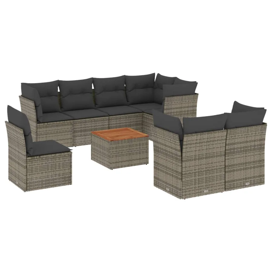 Salon de jardin 9 pcs avec coussins gris résine tressée - 2