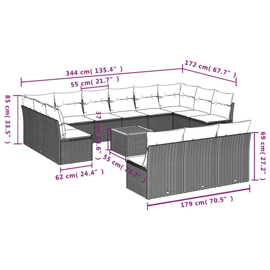 Salon de jardin avec coussins 14 pcs gris résine tressée - 10