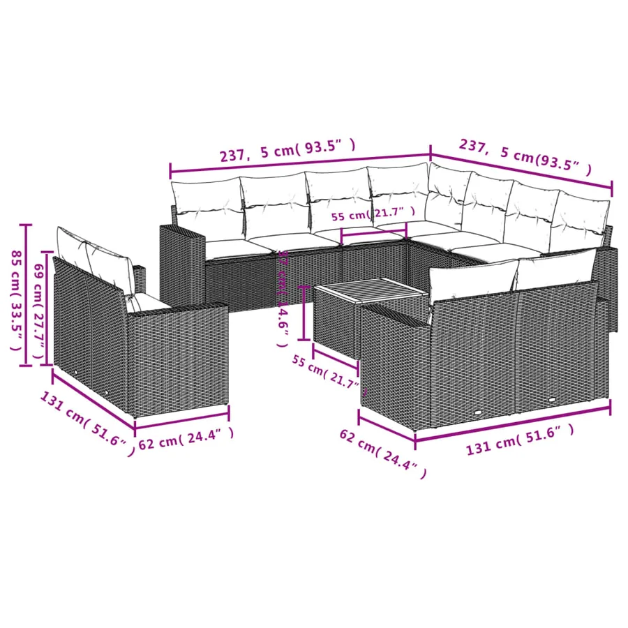 Salon de jardin avec coussins 12 pcs gris résine tressée - 12
