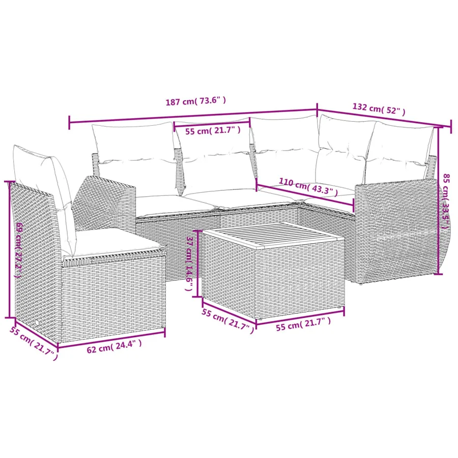 Salon de jardin 6 pcs avec coussins gris résine tressée - 3