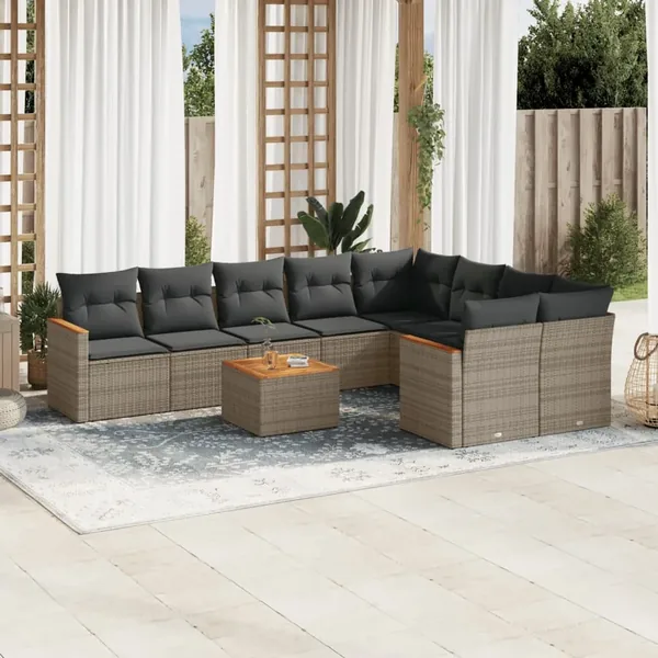 Salon de jardin avec coussins 10 pcs gris résine tressée