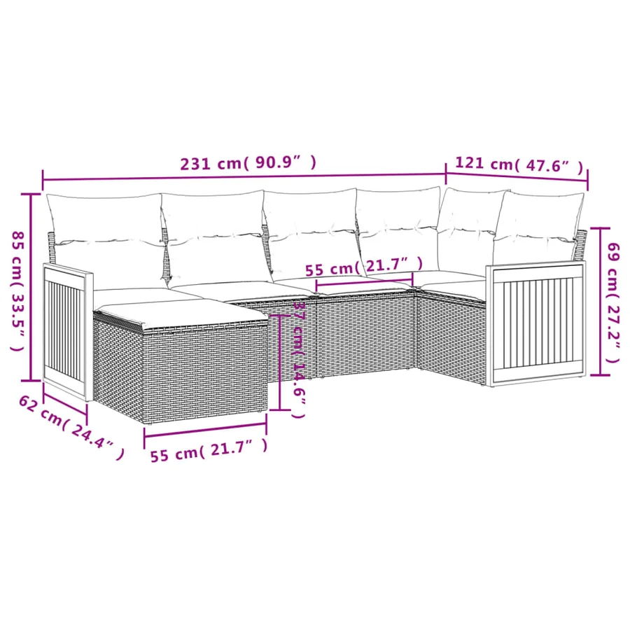 Salon de jardin 6 pcs avec coussins gris résine tressée - 3