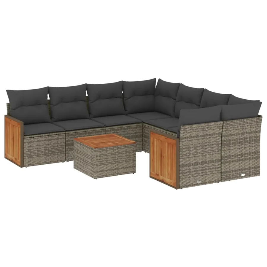 Salon de jardin 9 pcs avec coussins gris résine tressée - 2