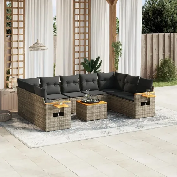 Salon de jardin avec coussins 10 pcs gris résine tressée