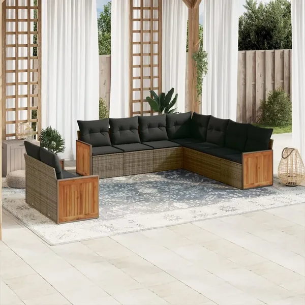 Salon de jardin 9 pcs avec coussins gris résine tressée