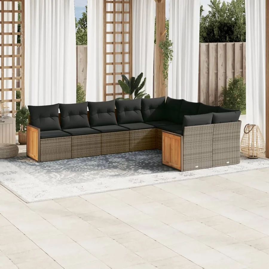 Salon de jardin 9 pcs avec coussins gris résine tressée