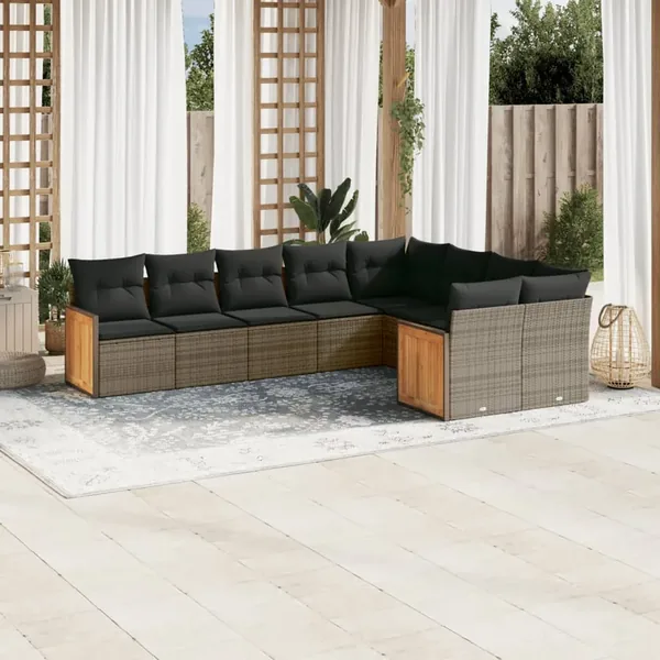 Salon de jardin 9 pcs avec coussins gris résine tressée