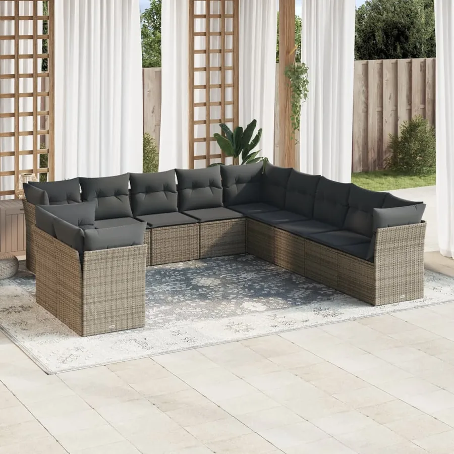 Salon de jardin 11 pcs avec coussins gris résine tressée
