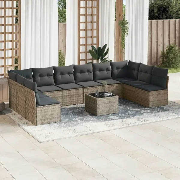 Salon de jardin 11 pcs avec coussins gris résine tressée