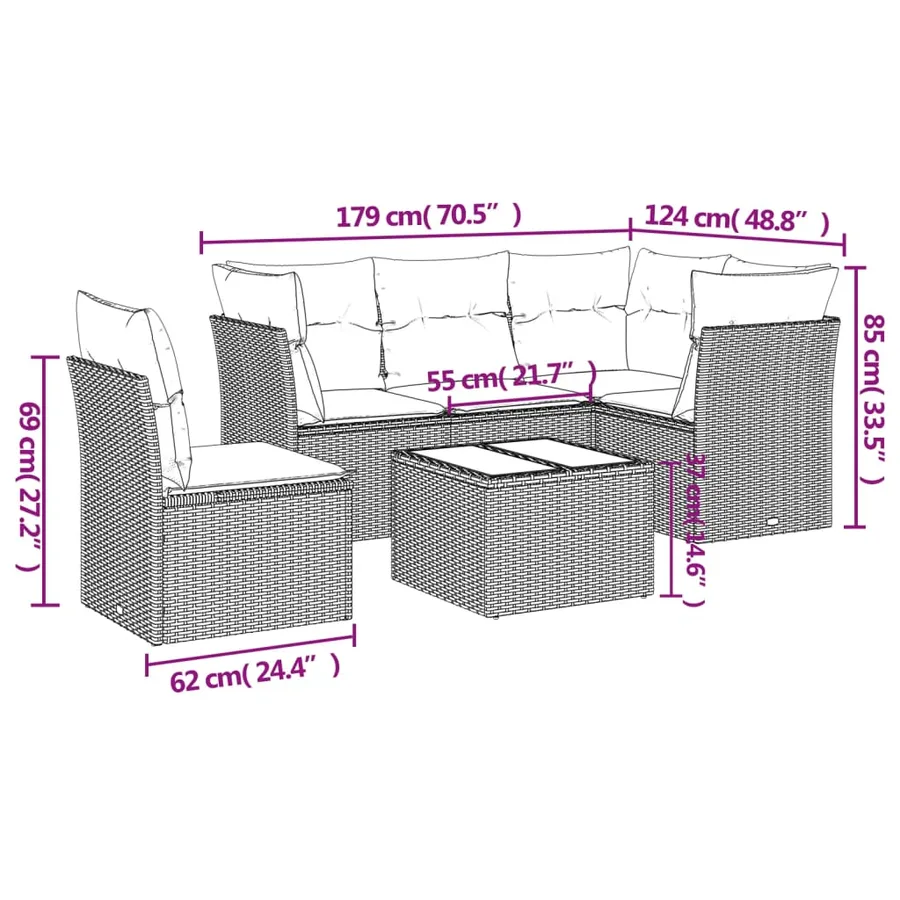 Salon de jardin 6 pcs avec coussins gris résine tressée - 3