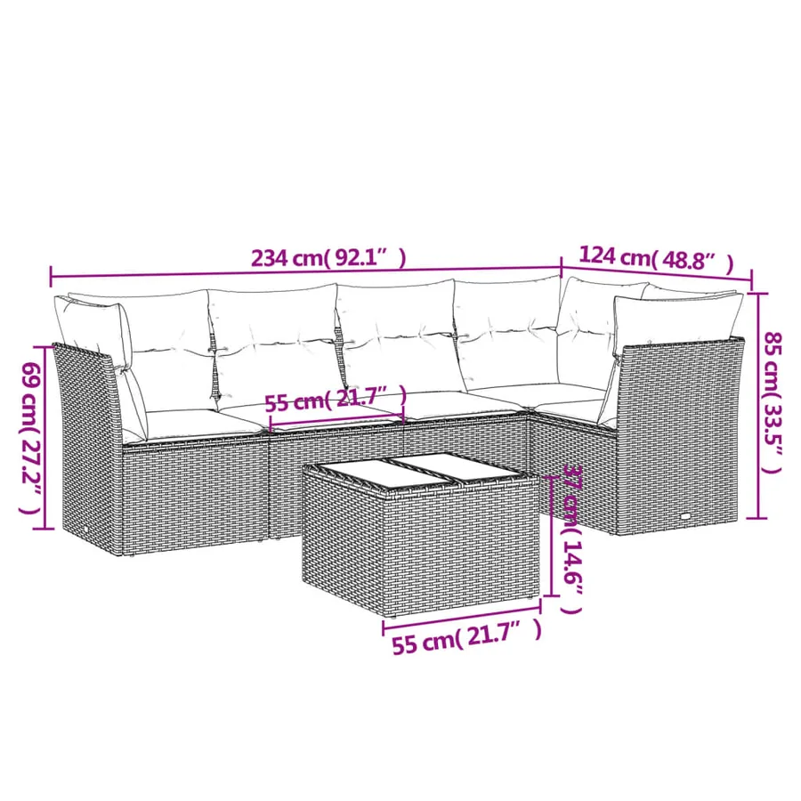 Salon de jardin 6 pcs avec coussins gris résine tressée - 3