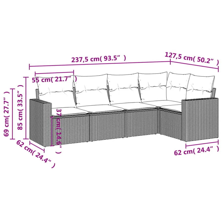 Salon de jardin 5 pcs avec coussins gris résine tressée - 3