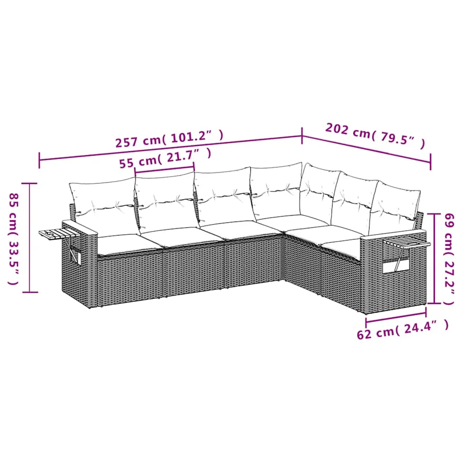 Salon de jardin 6 pcs avec coussins noir résine tressée - 3