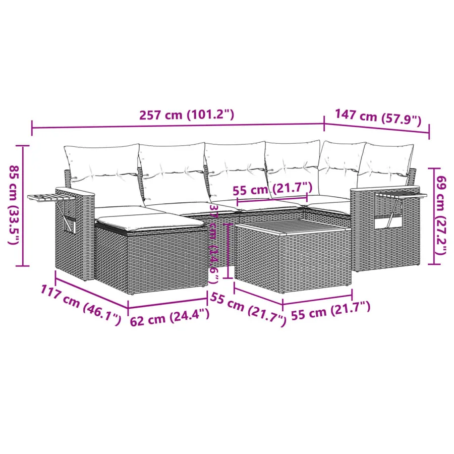 Salon de jardin 7 pcs avec coussins noir résine tressée 62 x 62 x 69 cm - 59,4 kg - 3
