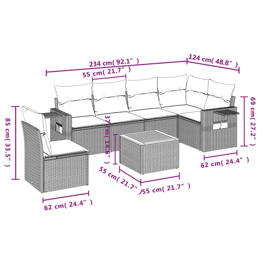 Salon de jardin 7 pcs avec coussins noir résine tressée 62 x 62 x 69 cm - 61,0 kg - 3