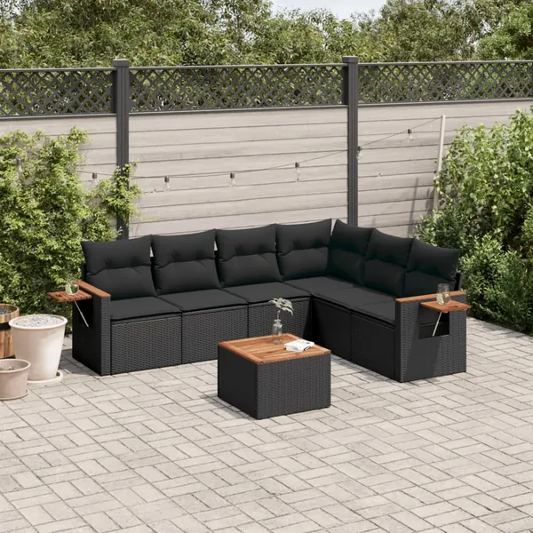 Salon de jardin 7 pcs avec coussins noir résine tressée 62 x 62 x 69 cm - 61,0 kg