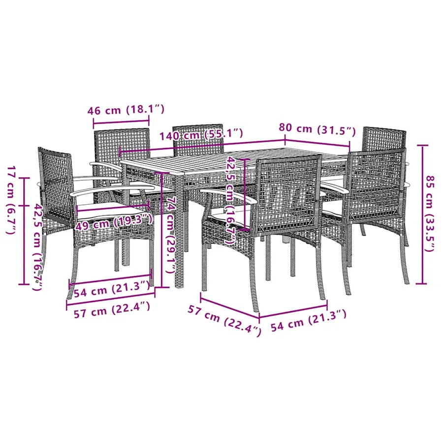 Ensemble à manger de jardin et coussins 7 pcs gris rotin - 7