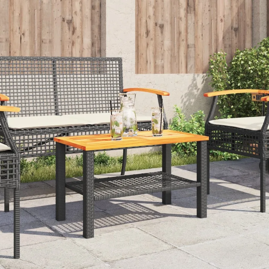 Table de jardin noir 70x38x42 cm résine tressée et bois acacia - 3