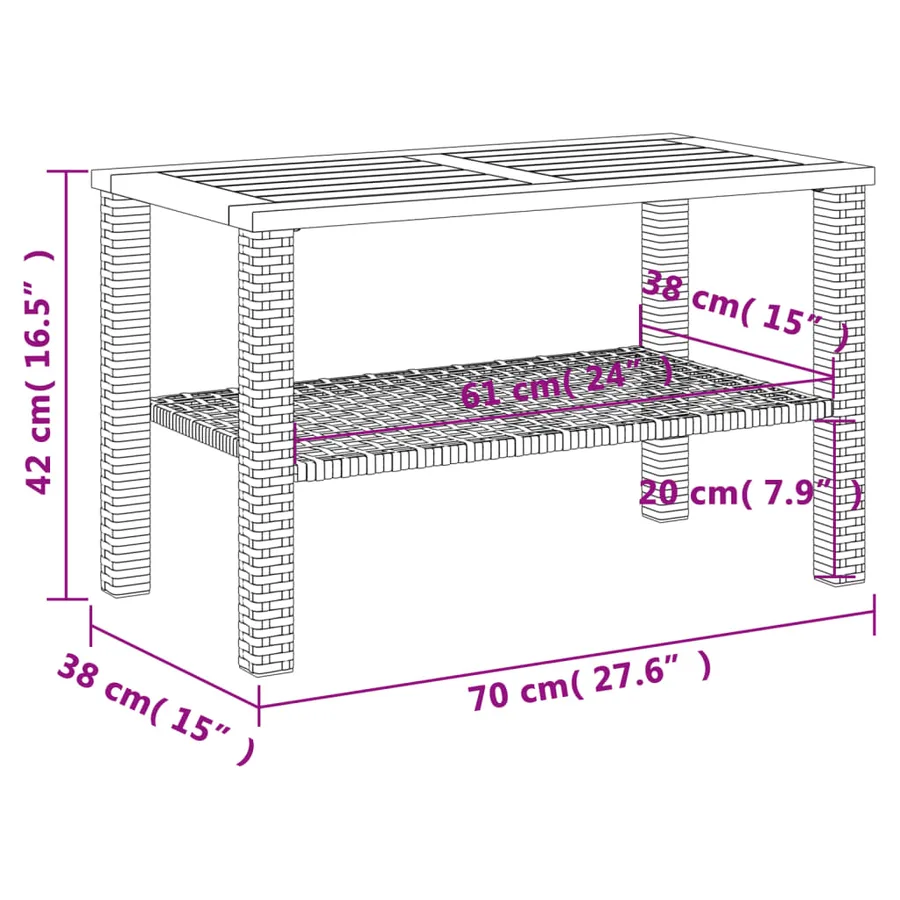 Table de jardin noir 70x38x42 cm résine tressée et bois acacia - 8