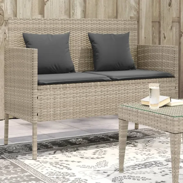 Banc de jardin avec coussins gris clair résine tressée