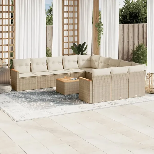 Salon de jardin avec coussins 12 pcs beige résine tressée