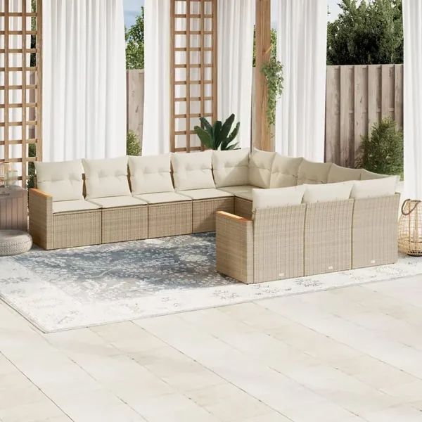 Salon de jardin 11 pcs avec coussins beige résine tressée