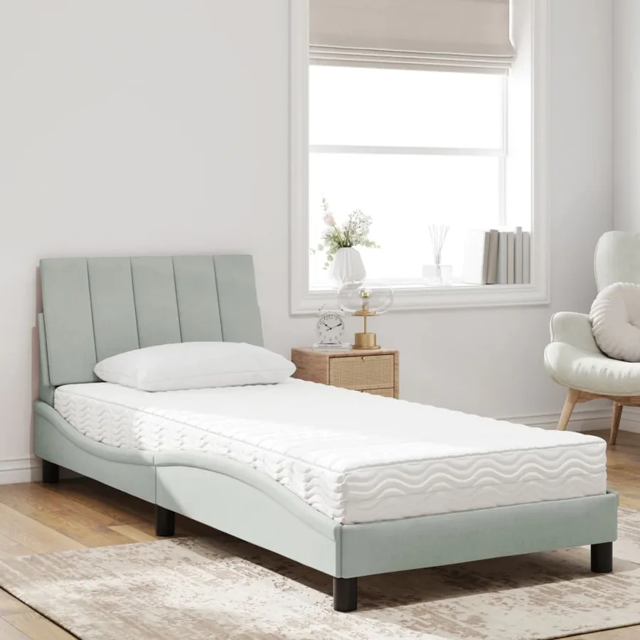 Lit avec matelas Hanko gris clair 80x200 cm velours - 3