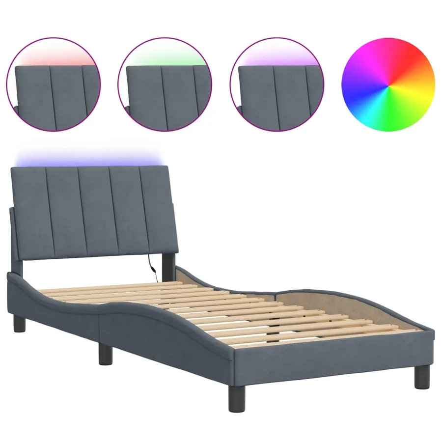 Cadre de lit avec LED sans matelas Hanko gris foncé 80x200 cm velours - 2