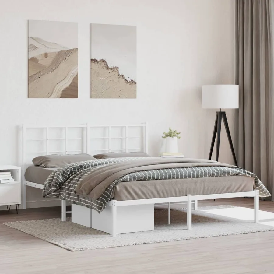 Cadre de lit métal sans matelas et tête de lit blanc 150x200 cm