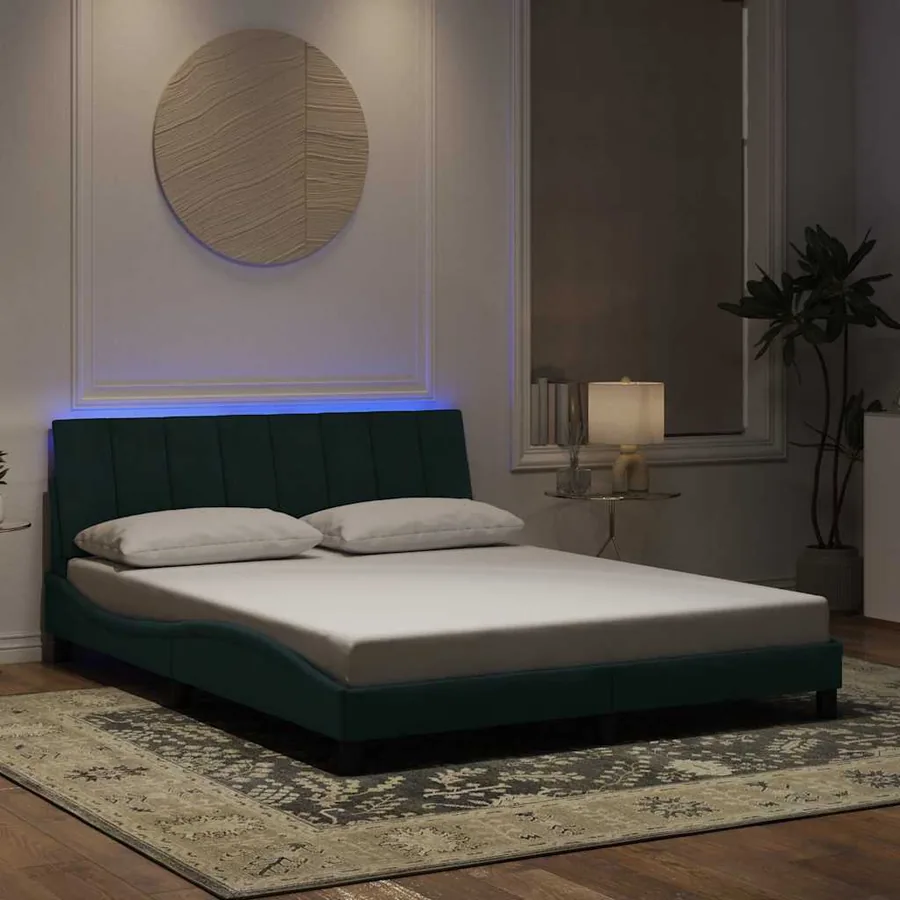 Cadre de lit avec LED sans matelas Hanko vert foncé 160x200 cm velours