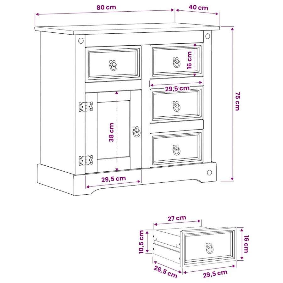 Buffet Corona 80x40x75 cm bois massif de pin - 9