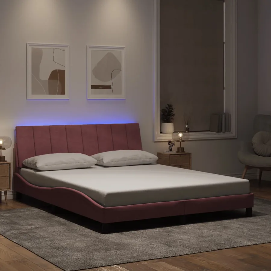Cadre de lit avec LED sans matelas Hanko rose 160x200 cm velours