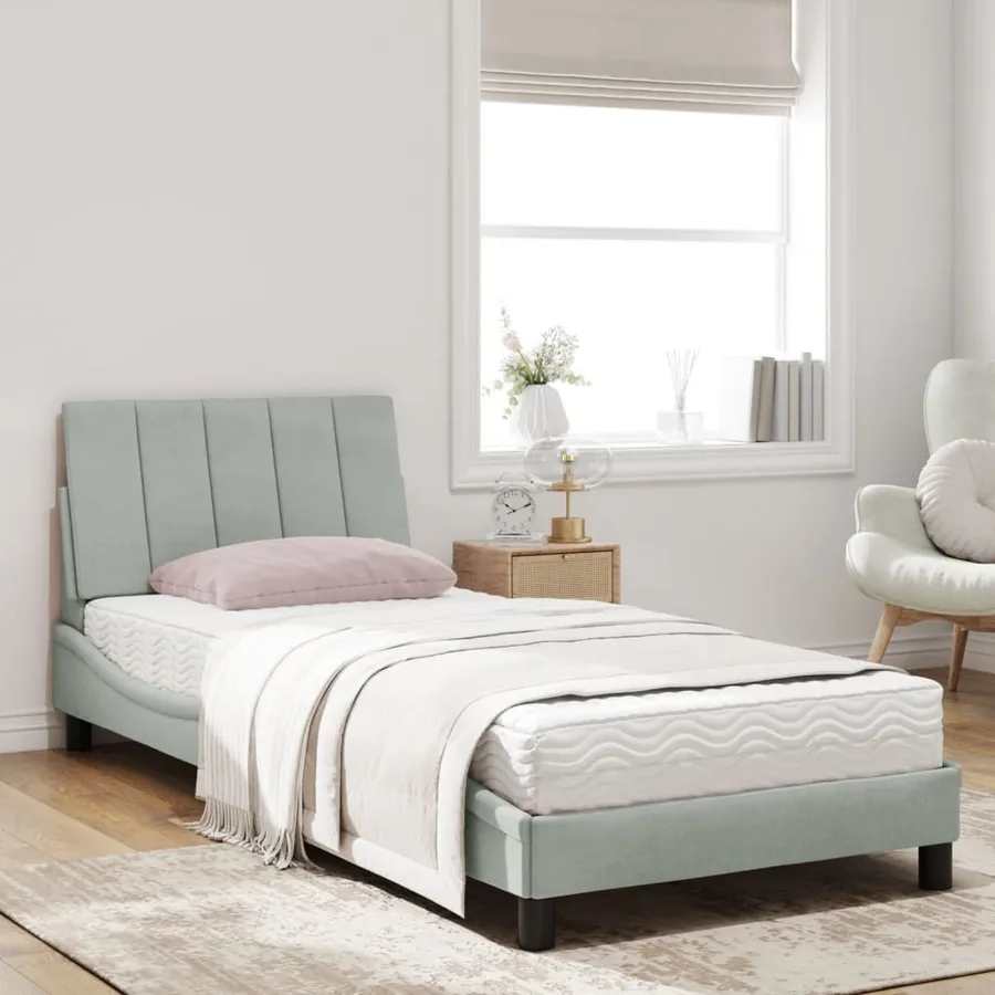 Lit avec matelas Hanko gris clair 90x200 cm velours - 3