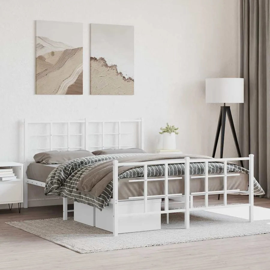 Cadre de lit métal sans matelas et pied de lit blanc 135x190 cm