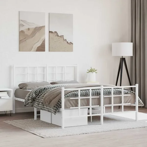 Cadre de lit métal sans matelas et pied de lit blanc 135x190 cm