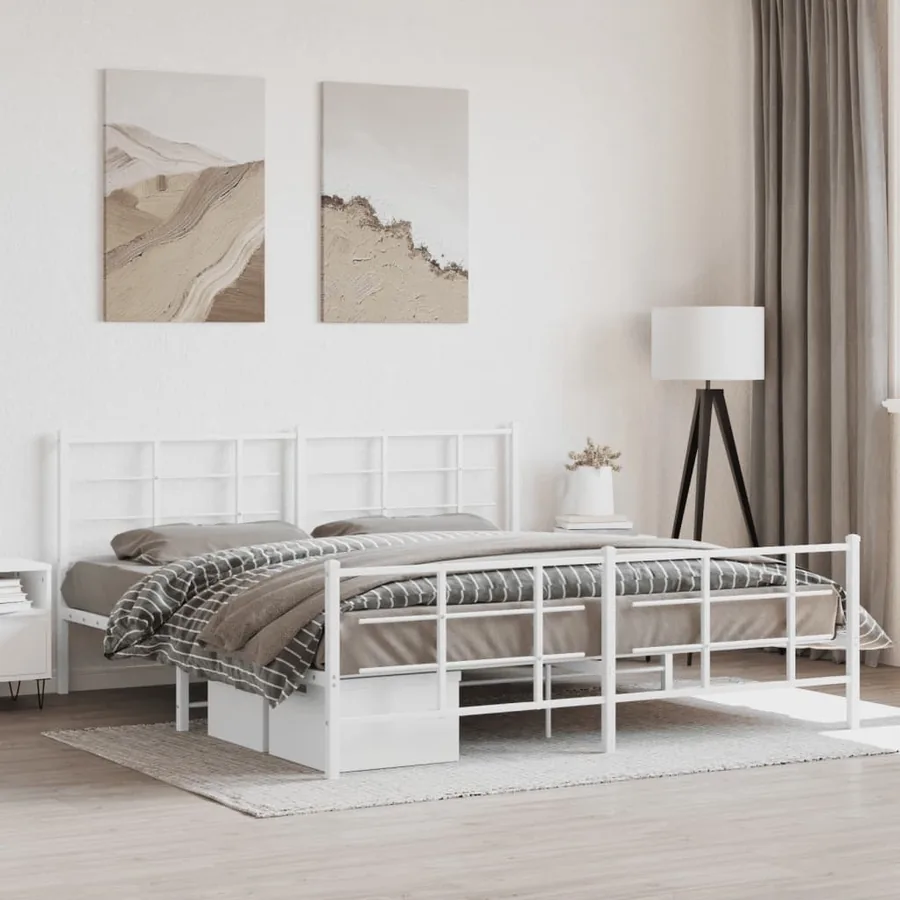 Cadre de lit métal sans matelas et pied de lit blanc 183x213 cm
