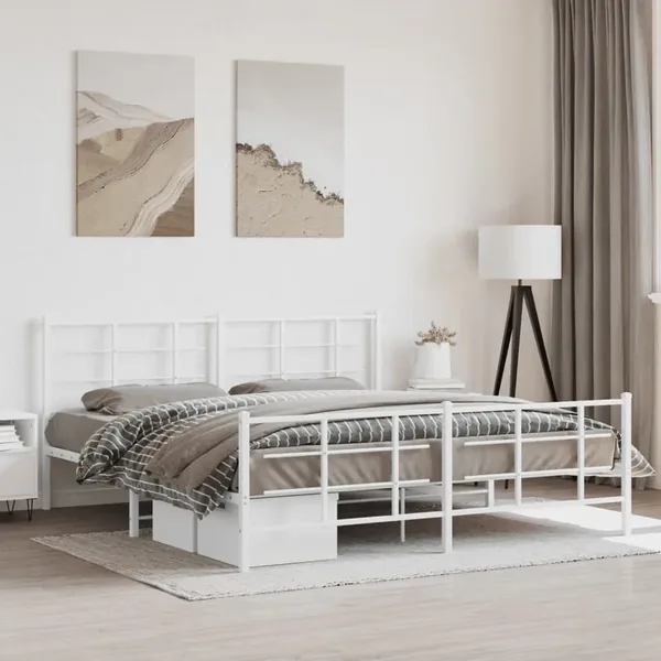 Cadre de lit métal sans matelas et pied de lit blanc 183x213 cm